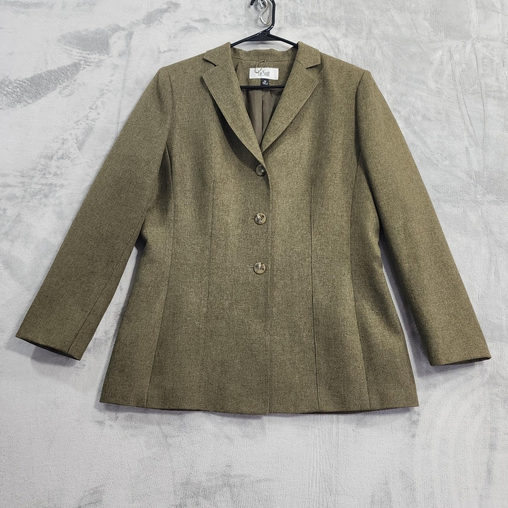 Vintage Le Suit Blazer Womens 14 Green Herringbone 3-Button Lined Office Preppy